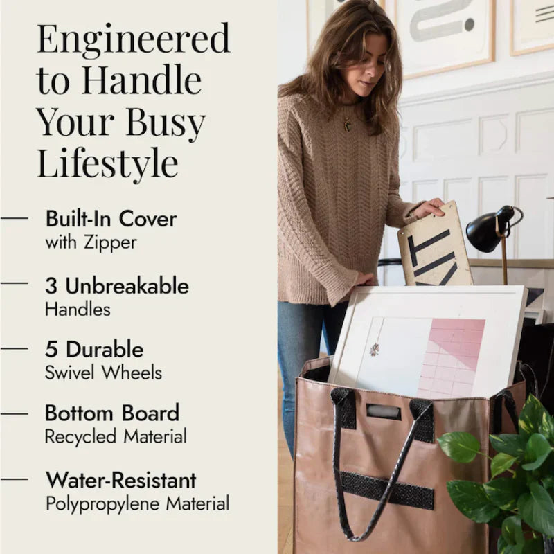 HK Rolling Tote Bag with Zip Top & Button Closure